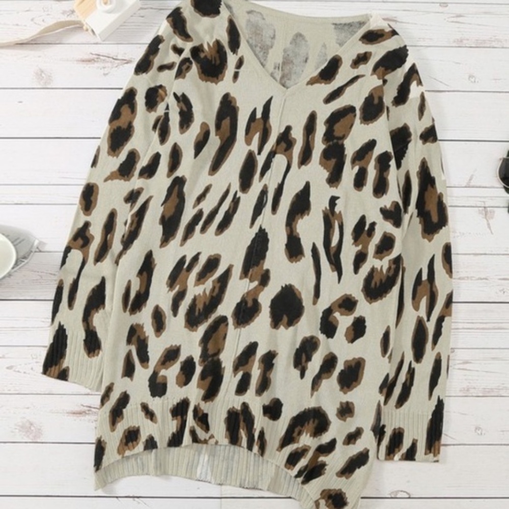 #43 Cozy Cream Leopard print Knit Tunic Sweater Top - Picture 5 of 5